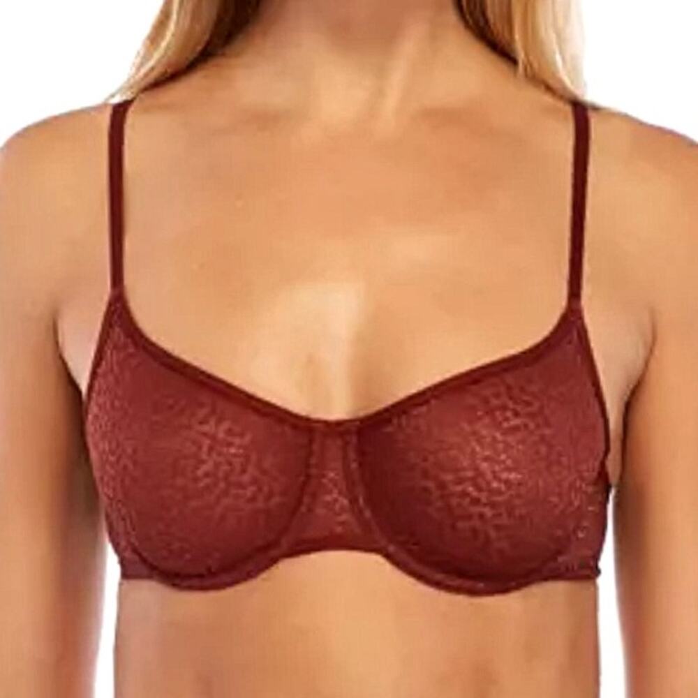 DKNY Women Brown Stretch Allover Lace Demi Underwire Bra 32C Classic Neutral NEW